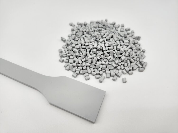 M·Cyclose rABS in a light grey with 96 % PCR content based on regrinds from white goods