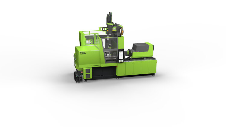 : image shows a compact green ENGEL injection-moulding cell with automation via a linear robot