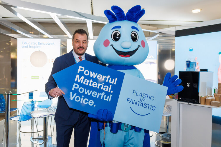 Dominic Fiel, Executive Director, Plastic is Fantastic Association (PiFA) with Captain Plasto, the official mascot of the Plastic is Fantastic Association (PiFA), promoting dialogue around plastics.