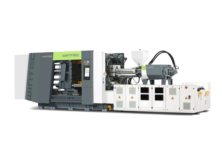 The Wintec t-win 5500 two-platen injection moulding machine with integrated viper 40 robot will produce transparent PP crates weighing 232 g, in an 11 to 12 s cycle, demonstrating high-output production with reliable automation and a competitive cost