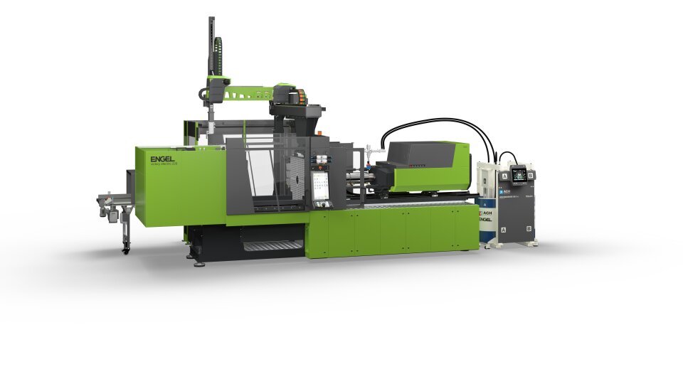 Gotowa do przetwórstwa silikonu: victory electric 1565/220 wyposażona w formę ACH z technologią Servoshot. Engel viper 40 i chwytak ACH współpracują przy odbiorze gotowej części