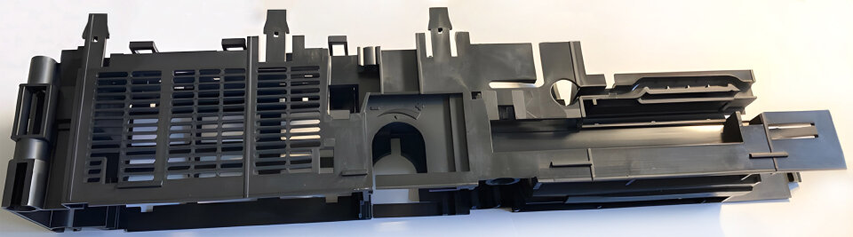 Despite long flow paths, TechnoDur PBT GF 7 1 HFFR V0 meets the mould-filling requirements for this support structure for automatic sliding doors, as well as the specifications for flame retardancy and rigidity
