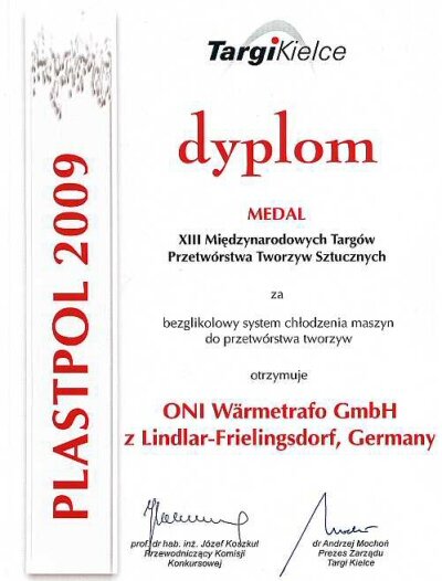 Dyplom Targów Plastpol 2009 dla firmy ONI