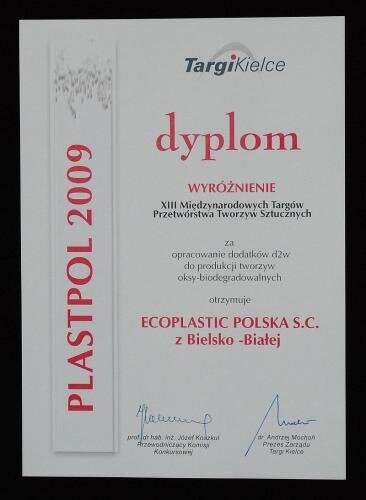 Wyróżnienie targów Plastpol dla firmy Ecoplastic Polska za technologię d2w