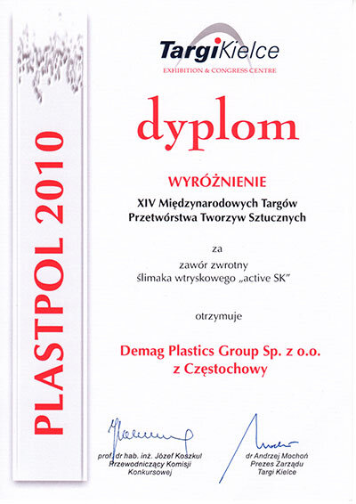 Dyplom targów Plastpol 2010 dla firmy Demag