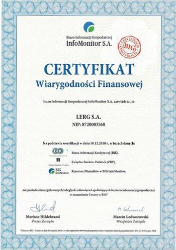 Lerg z Certyfikatem Wiarygodności Finansowej